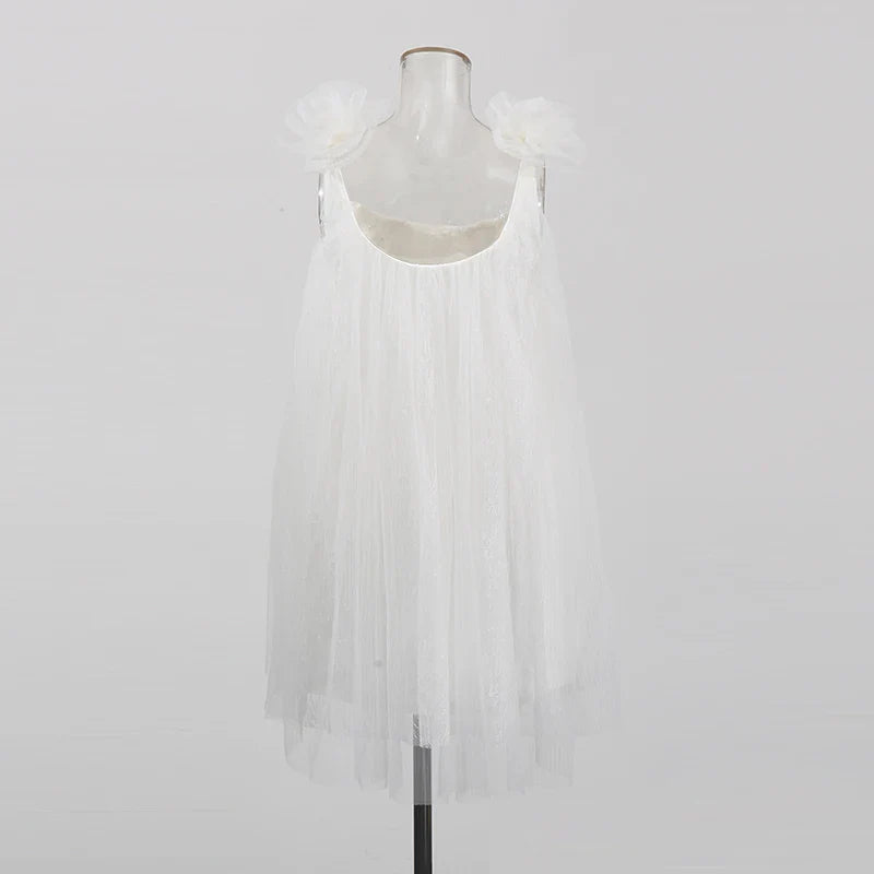 White Mesh Flower Appliqués Frill Mini Dress