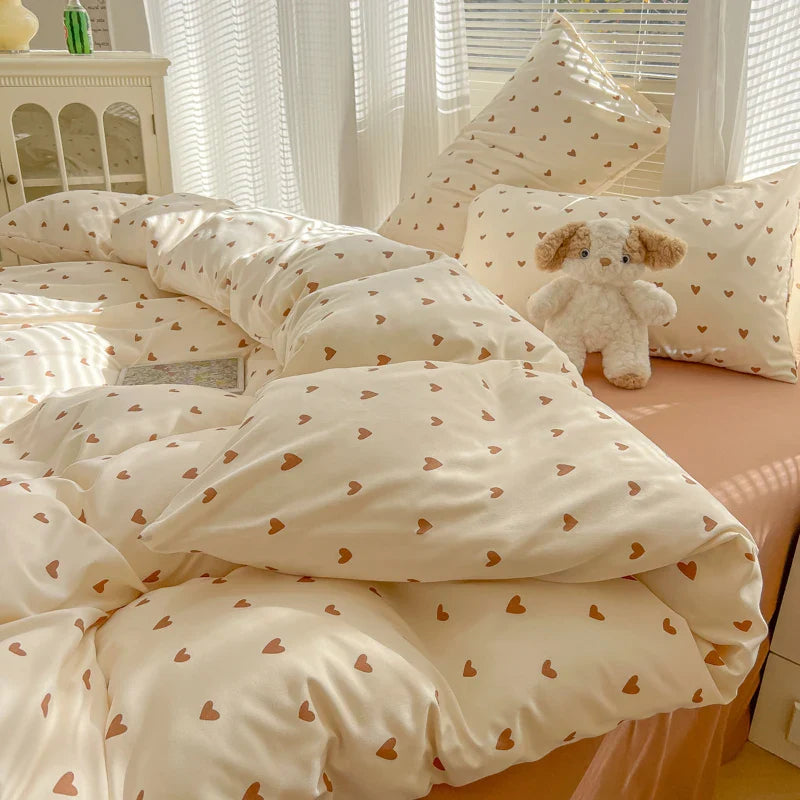 Duvet Set Double Yarn Four-piece Set Class A Aerobic Knitted Cotton Printed Love Bed Cover Skin Friendly Breathable Bedding