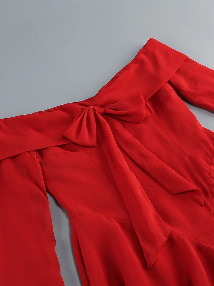 Off-shoulder Long Flare Sleeve Bow Mini Dress