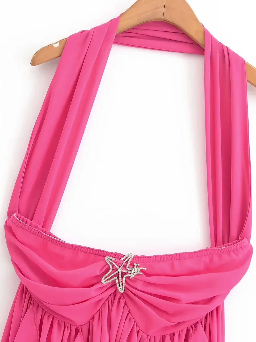 Pink Halter Ribbon Ruffles Frill Midi Dress