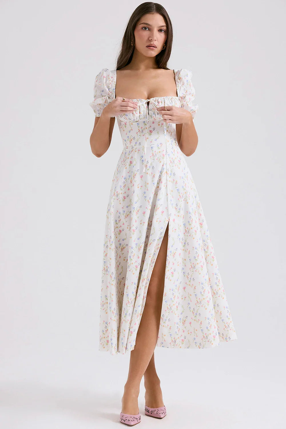 Puff Sleeves Floral Printed Midi Dress