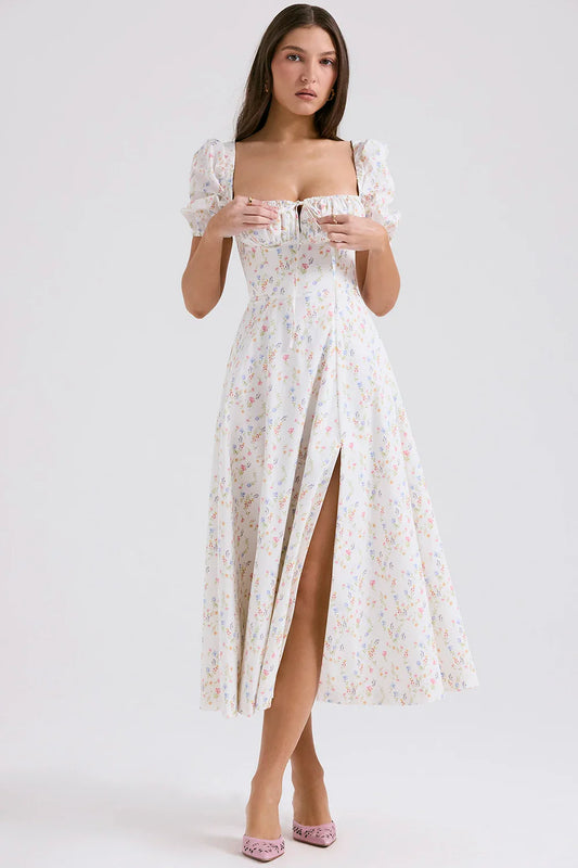 Puff Sleeves Floral Printed Midi Dress