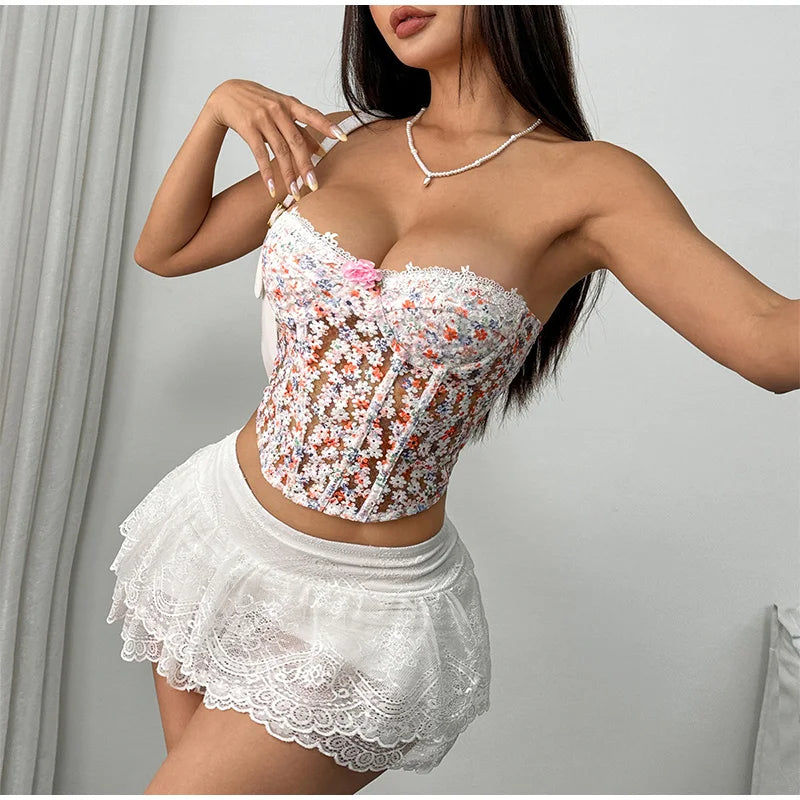Flower Embroidery See Through Corset Top