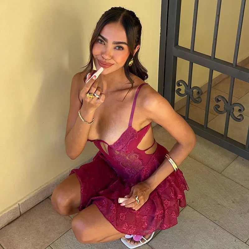 Pink Lace Ruffles Mini Dress