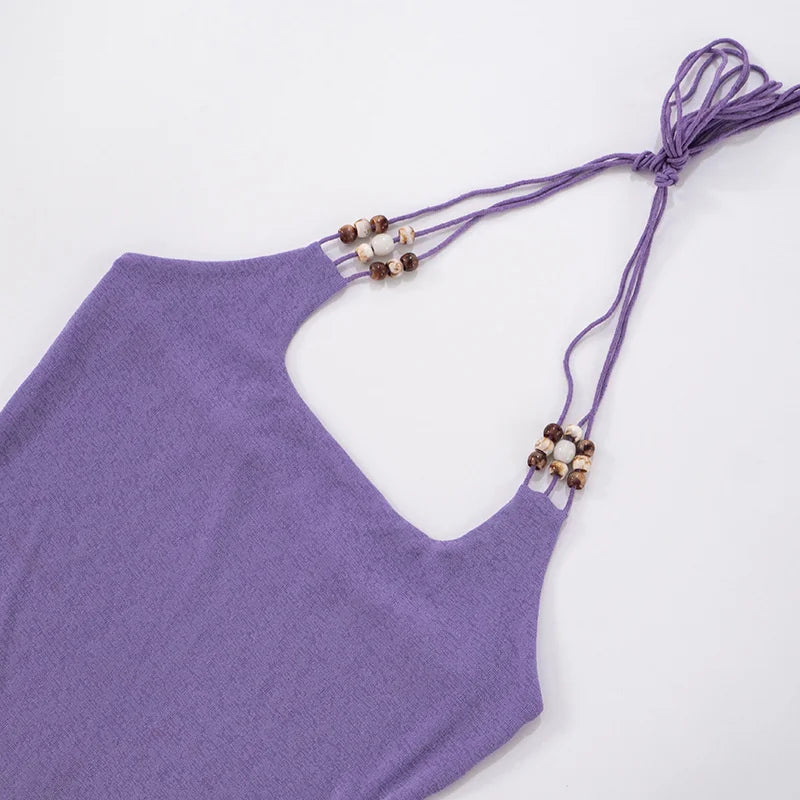Purple Halter Beaded Mini Dress