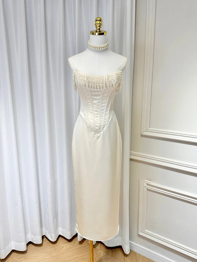 Satin Pearl Tassel Corset Tube Midi Dress