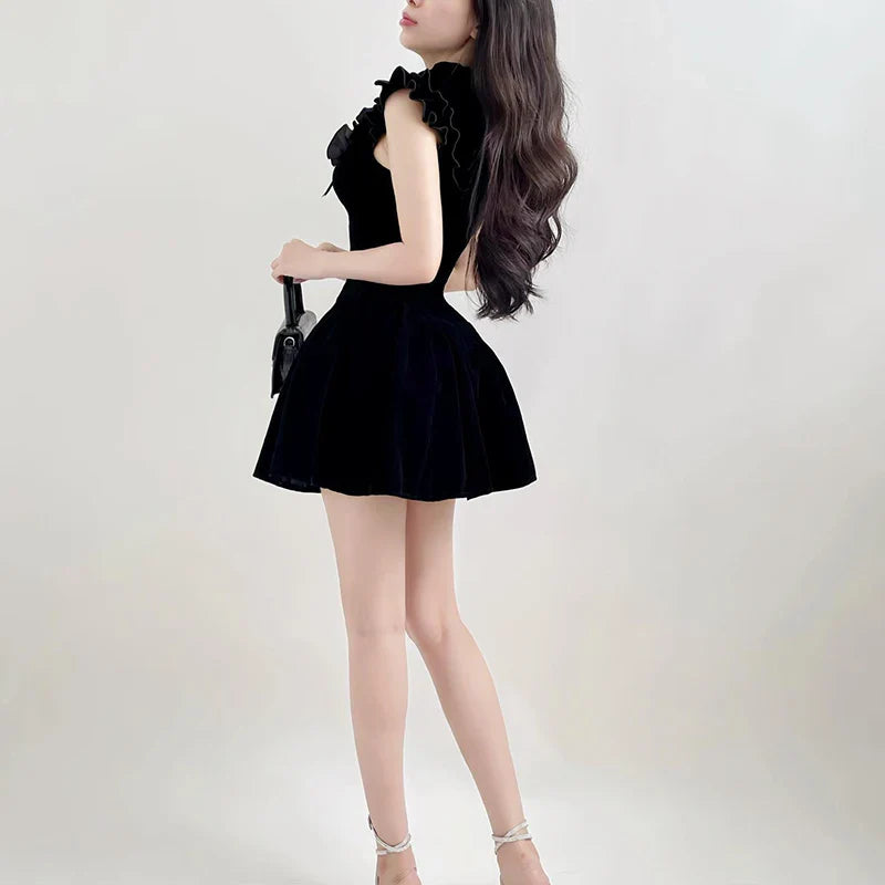 Ruffle Sleeve High Neck Velvet Black Mini Dress