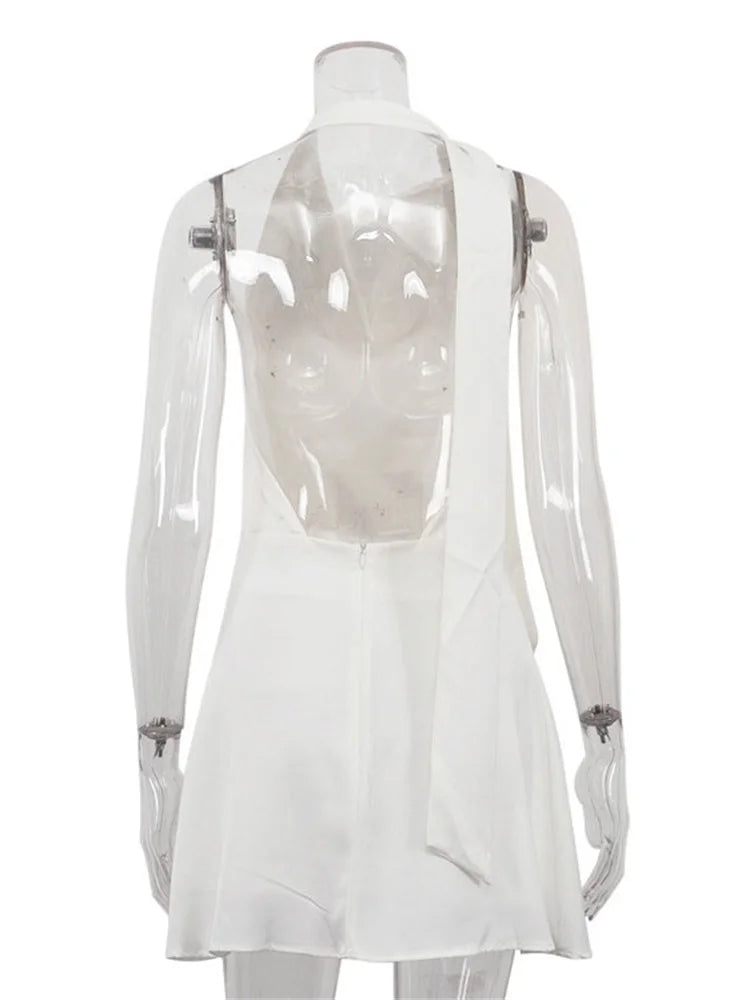 White Backless Lace-Up Satin Mini Dress