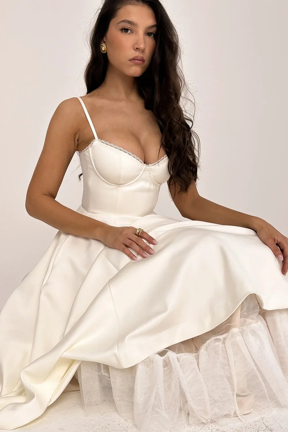 Satin Bustier Strap Tulle Midi Dress
