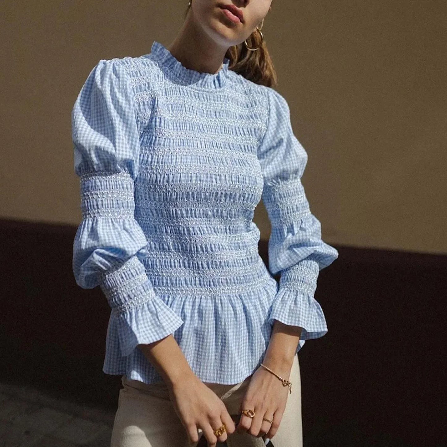 Pink Plaid Long Lantern Sleeve Smocked Top