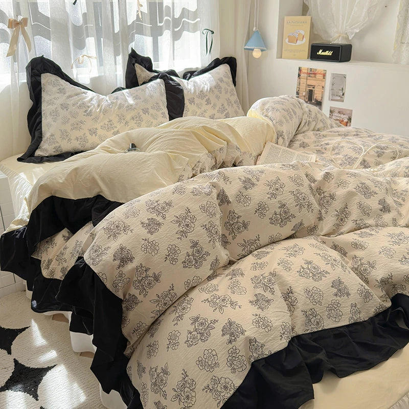 French Romantic Style Bedding Set Princess Skin Friendly And Comfortable Quilt Cover Lace Washed Cotton Printed Duvet  Cover Set