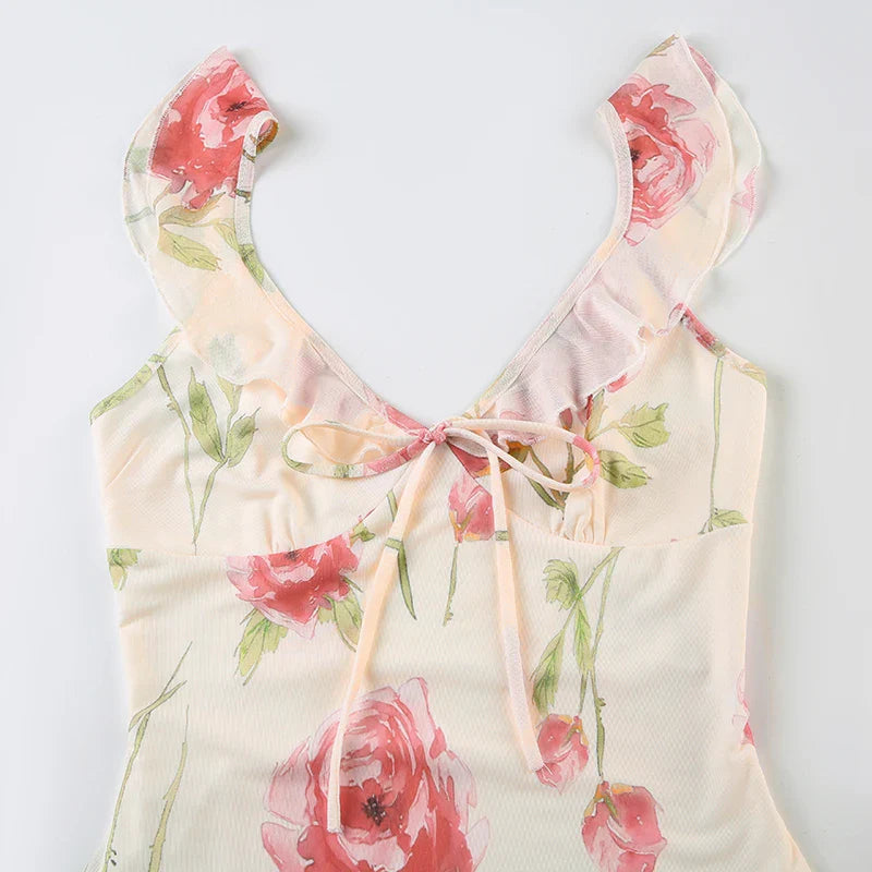 White Printed Ruffles Trim Maxi Dress