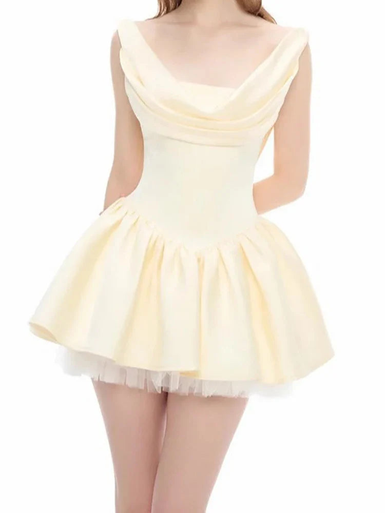 Satin Cowl Neck Back Lace Up Mini Dress