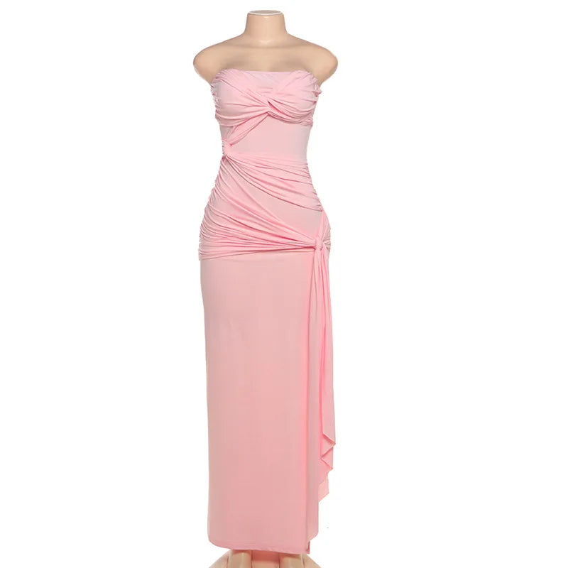 Strapless Pink Tie Up Mesh Midi Dress