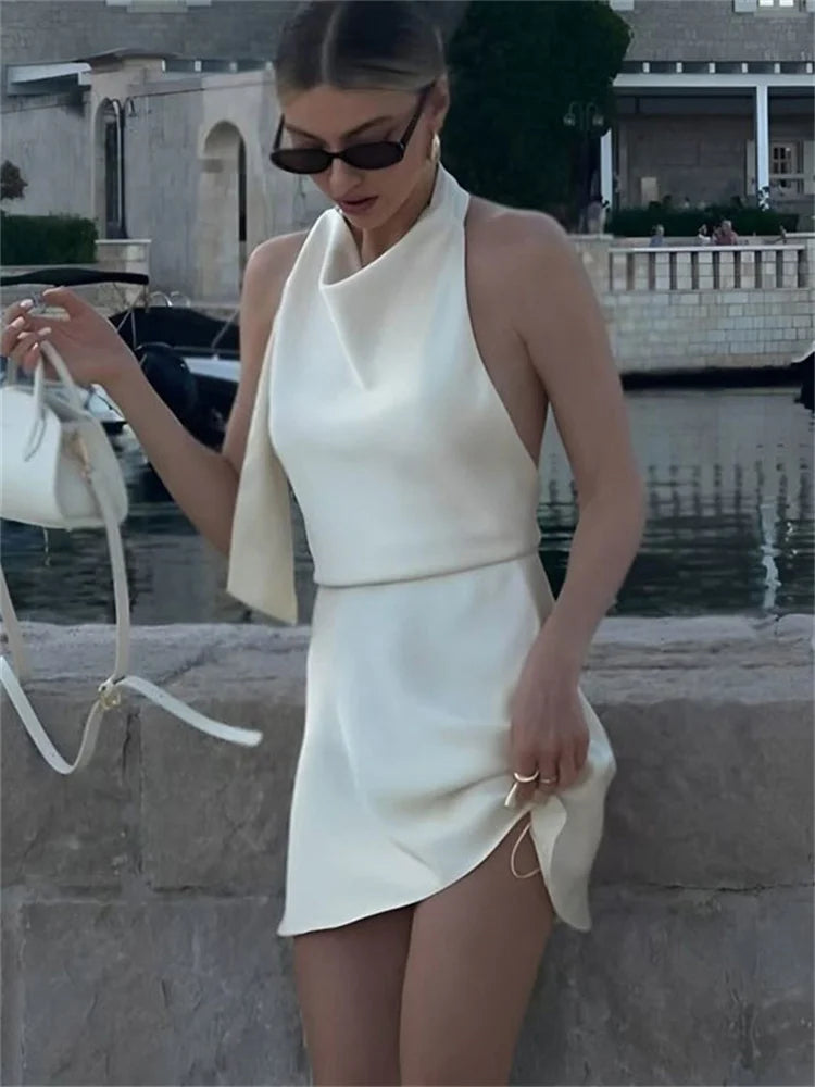 White Backless Lace-Up Satin Mini Dress