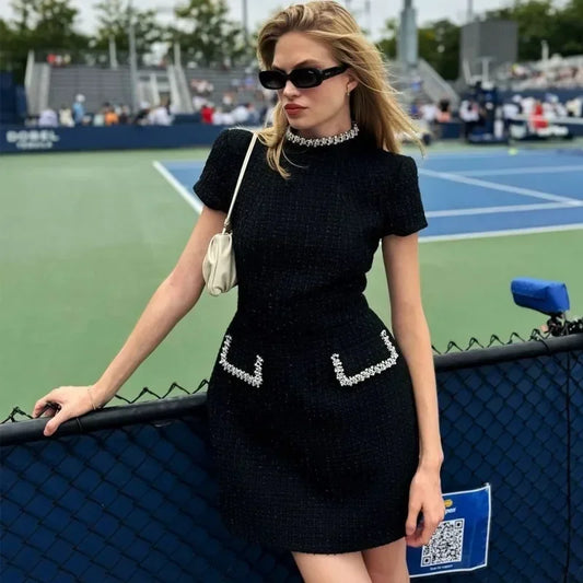 Tweed Solid Beaded Seam Mini Dress