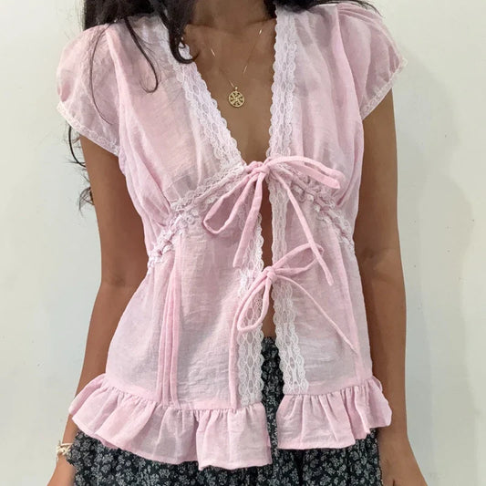 Ruffles Hem Short Sleeve Bow Tie Crop Top
