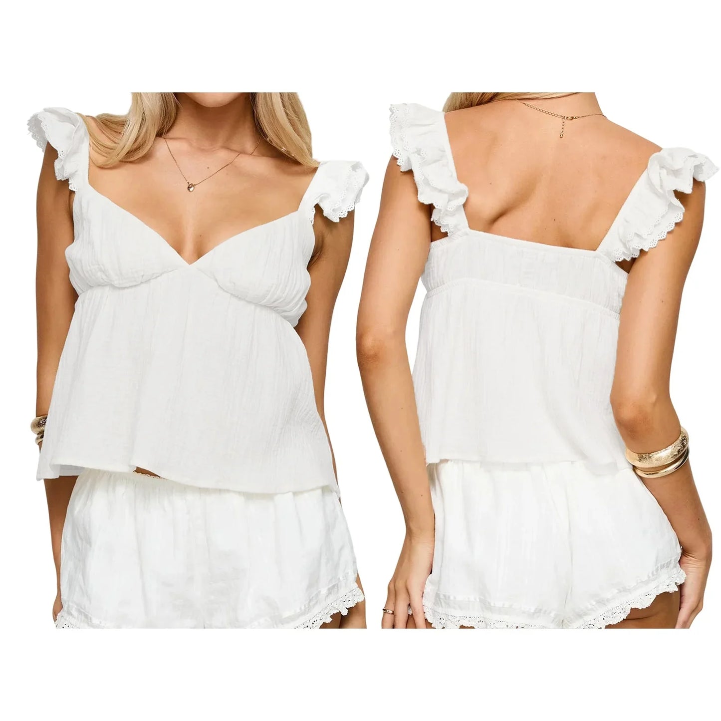 Wide Ruffle Straps V-Neck Babydoll Top