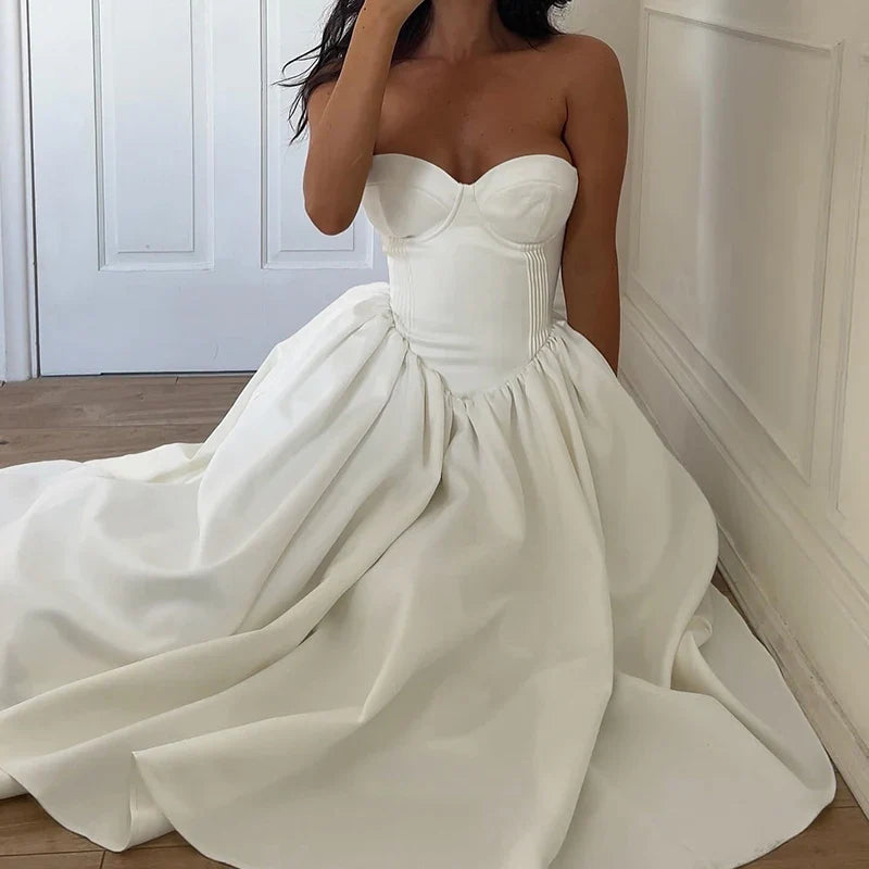 White Strapless Lace Up Midi Dress