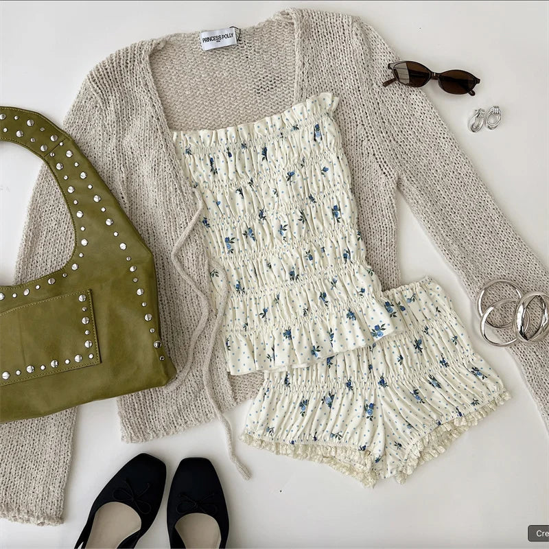 White Floral Smocked Tube Tops with Shorts Set