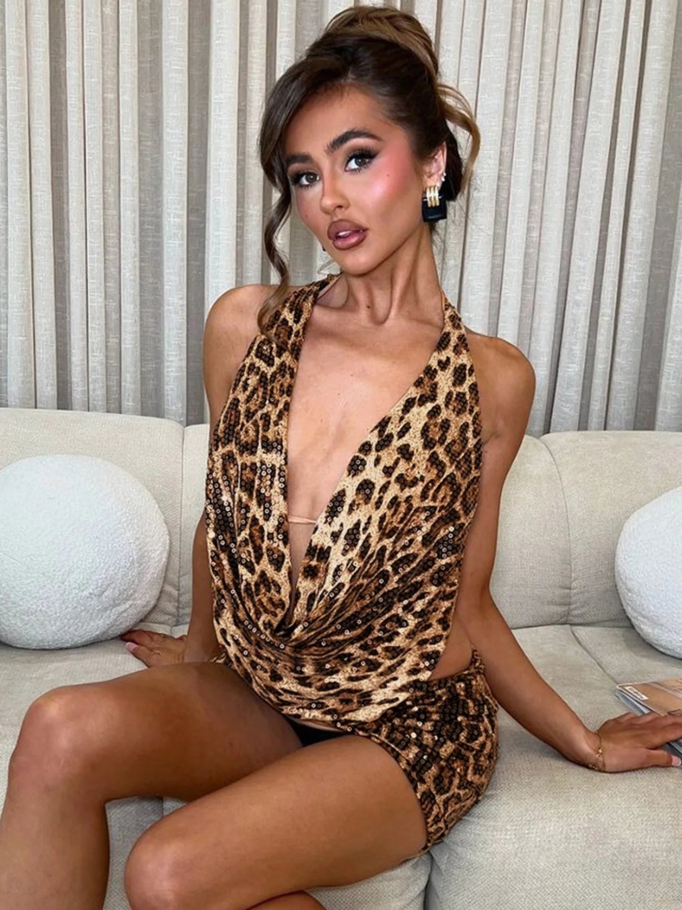Leopard Print Sequin Backless Halter Top and Mini Skirt Two Piece Set
