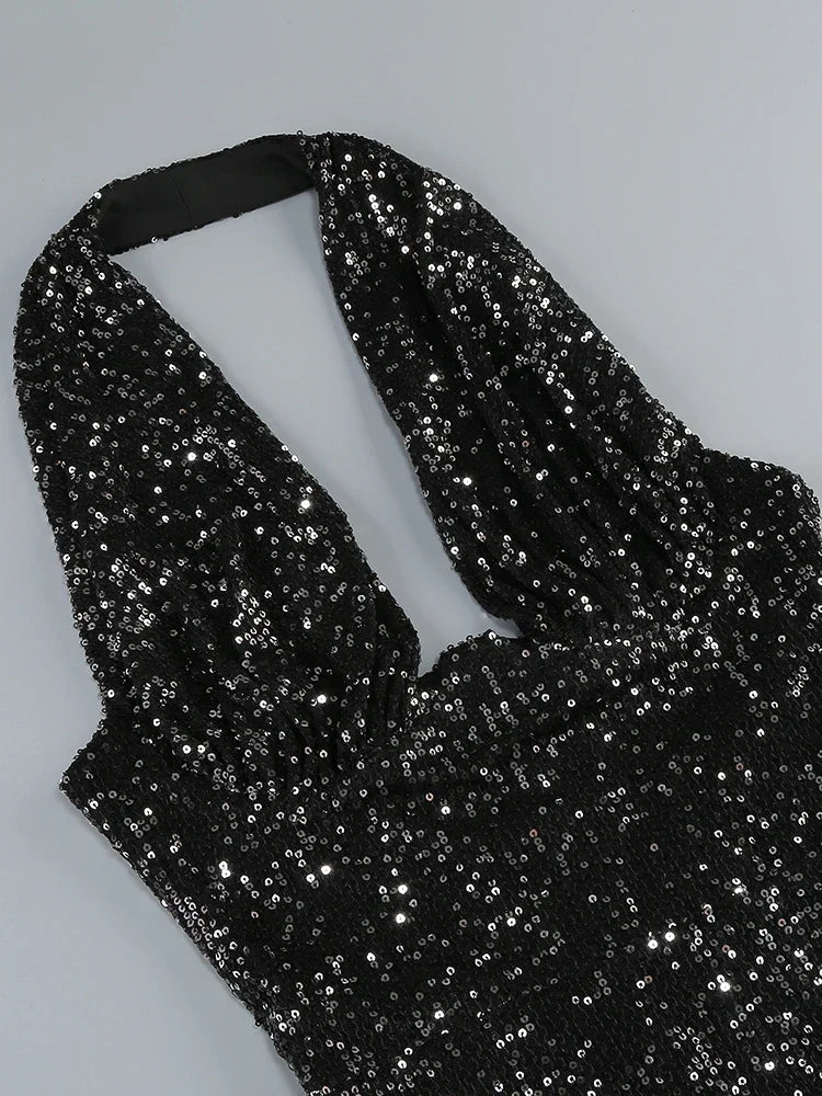 Sequin Halter Deep Neck Maxi Dress
