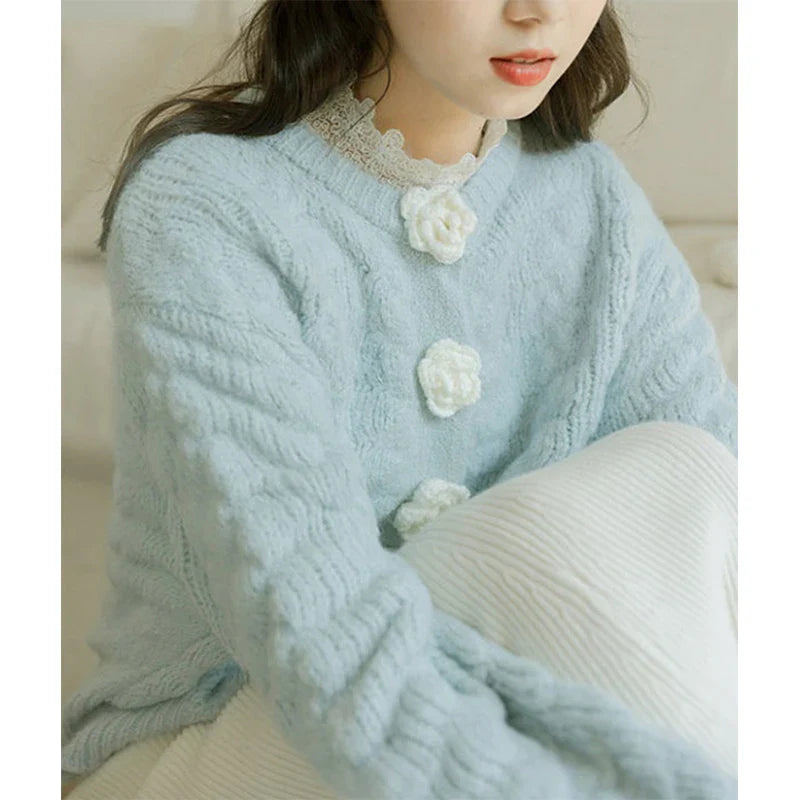 Blue Knitted Rose Buttoned Cardigan