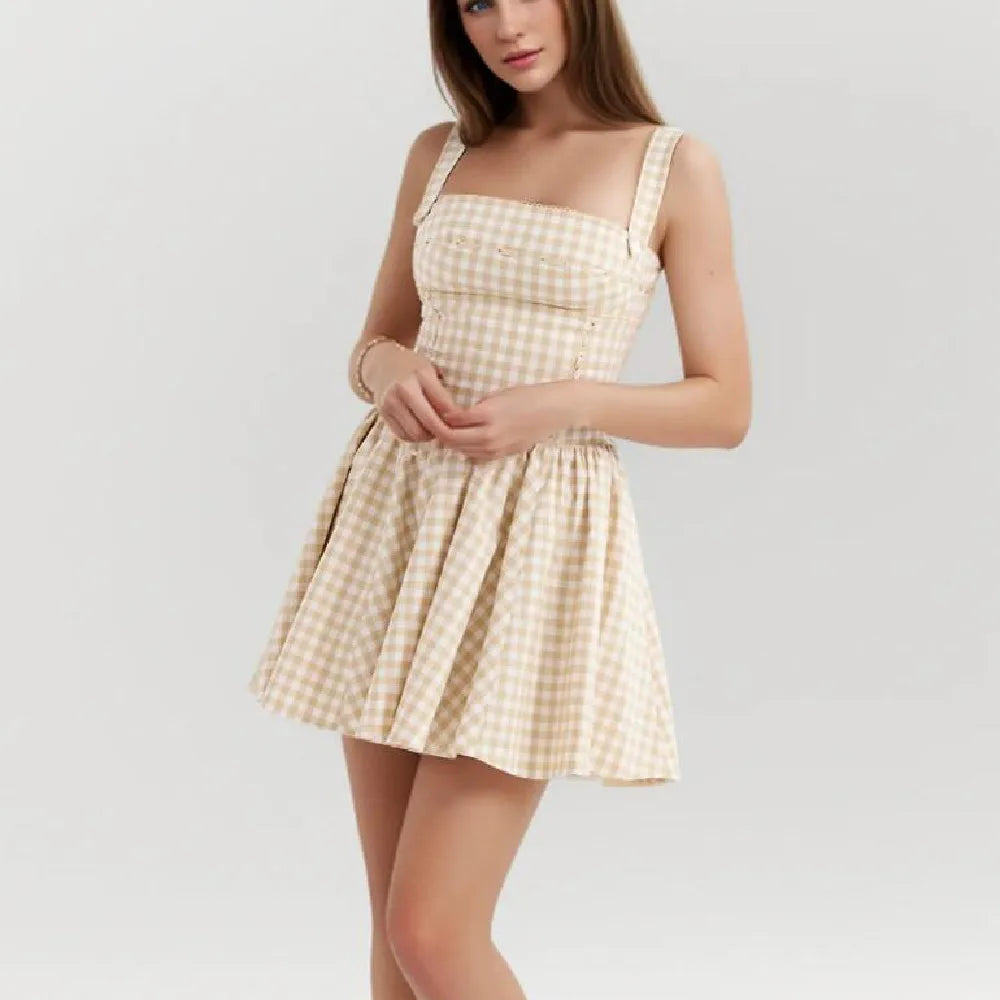 Khaki Plaid Strap Square Neck Mini Dress