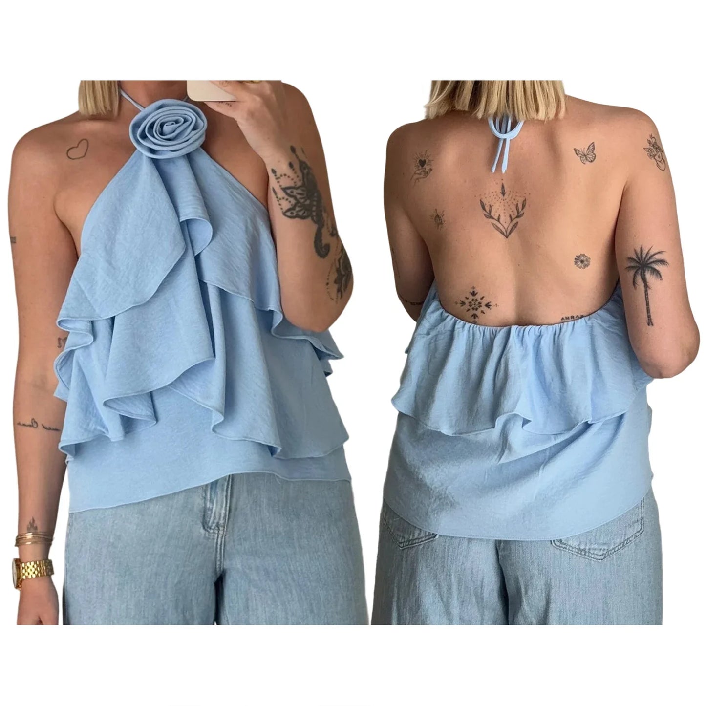 Halter 3D Flower Layered Ruffles Top
