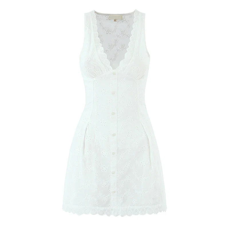 White V-neck Doily Embroidery Mini Dress
