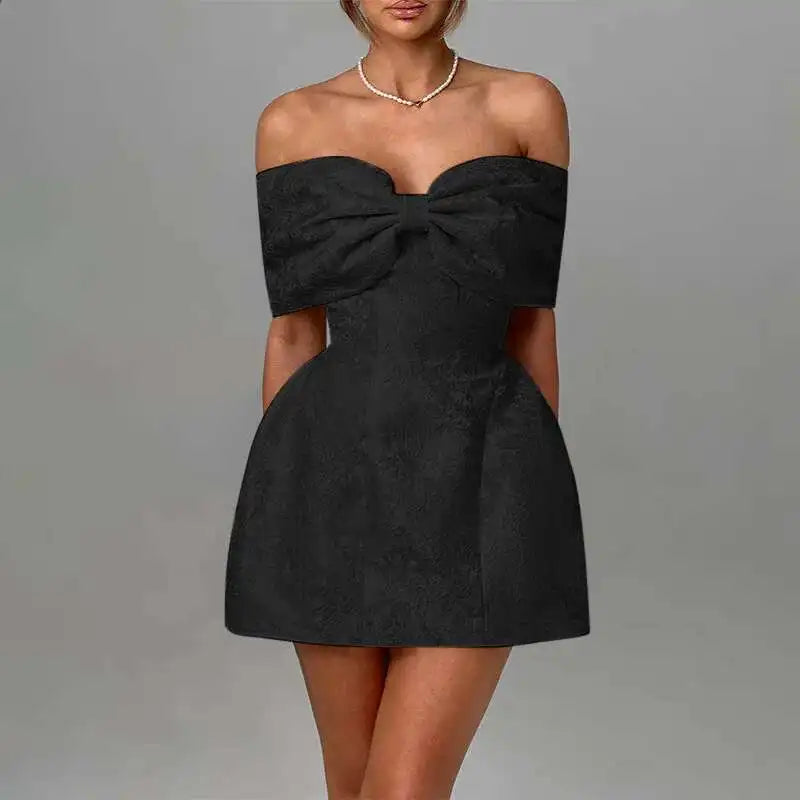 Large Bow Off Shoulder Jacquard Mini Dress