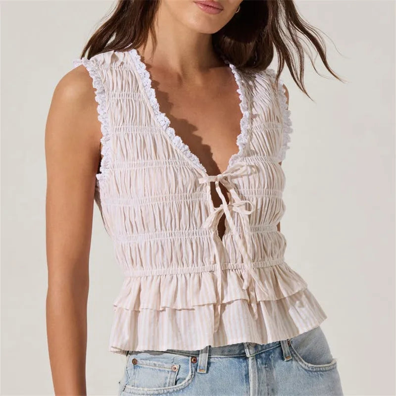 Sleeveless V Neck Bow Smocked Crop Top