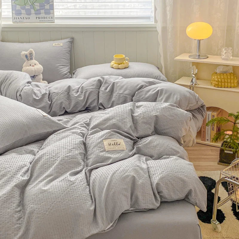 Iins Seersucker Washed Cotton Four-Piece Bedding Set Cotton Solid Color Quilt Cover Set Bedding Three-Piece Set Bed Sheet