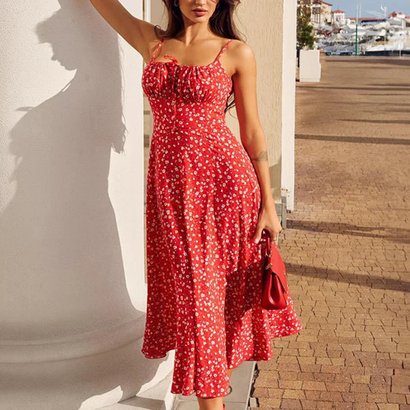 Red Floral Print Strap Split Midi Dress