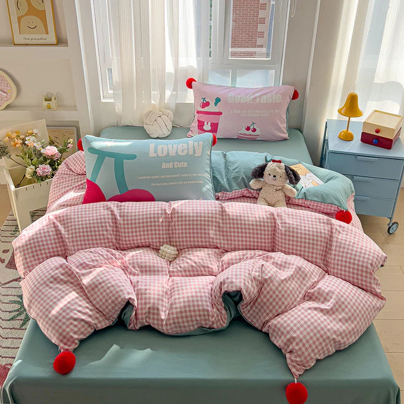 4pcs  Grid positionin bedding Set (1*Duvet Cover +1 flat sheet + 2*Pillowcase, Wool ball decorative duvet cover pillowcases