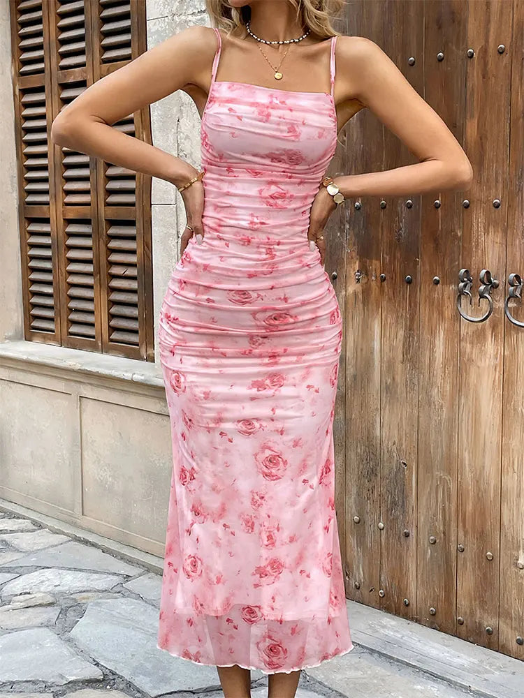 Pink Rose Printed Ruched Midi Dress
