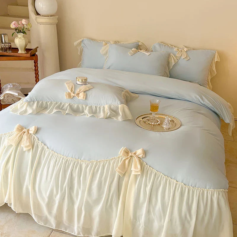 French Princess Style Bedding Sets Ruffle Lace Bow Quilt Cover Romantic Wedding Bedclothes Decor Woman Girls Bedroom Duvet Cover