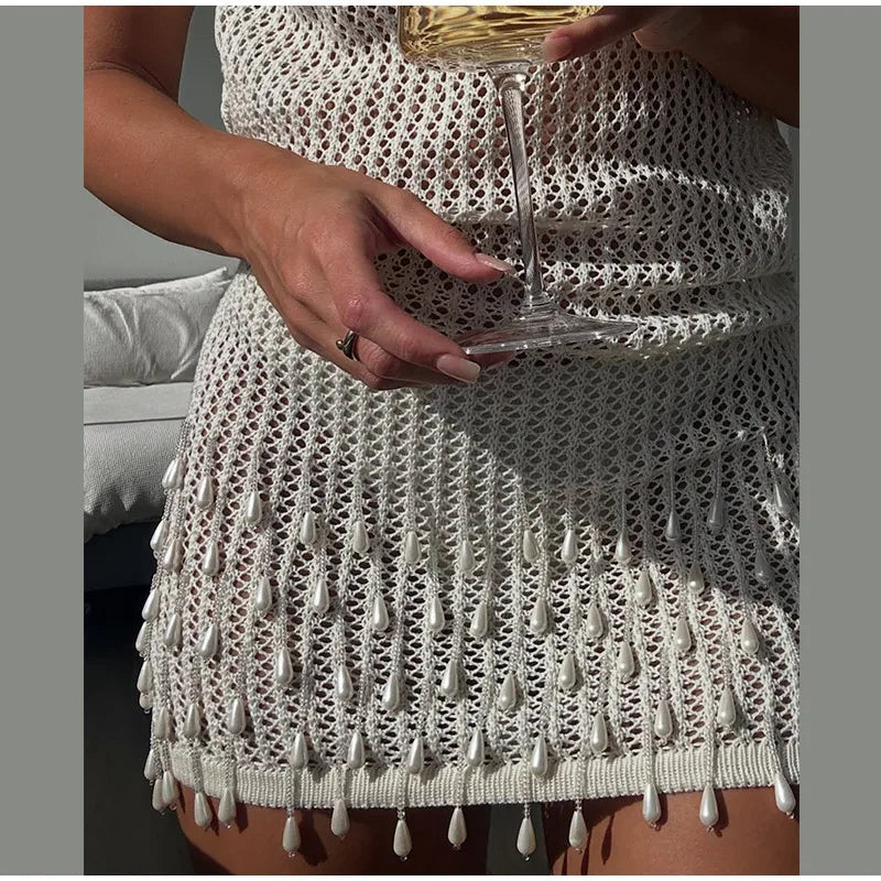 White Pearl Hem Sheer Knit Mini Dress