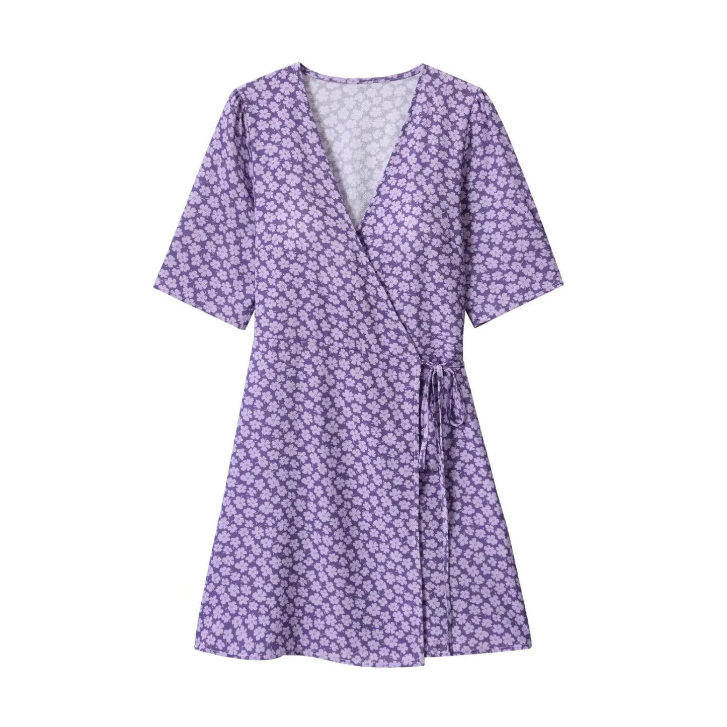 Purple Daisy Flower Print Short Sleeve Wrap Mini Dress