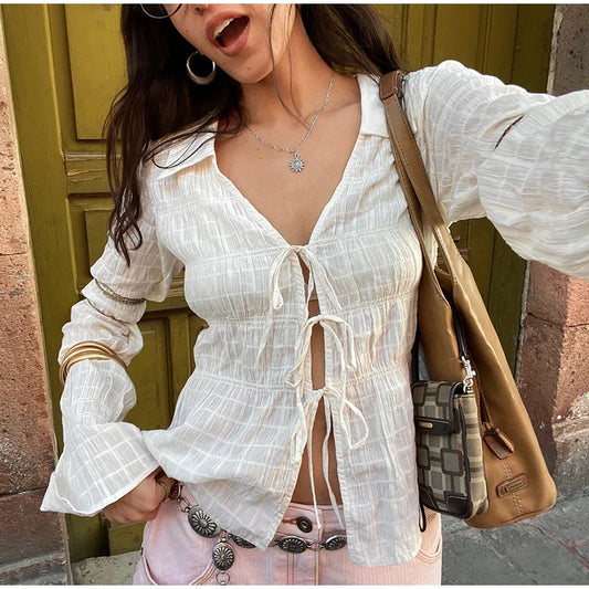 White Ruched Tie Up Long Sleeve Top