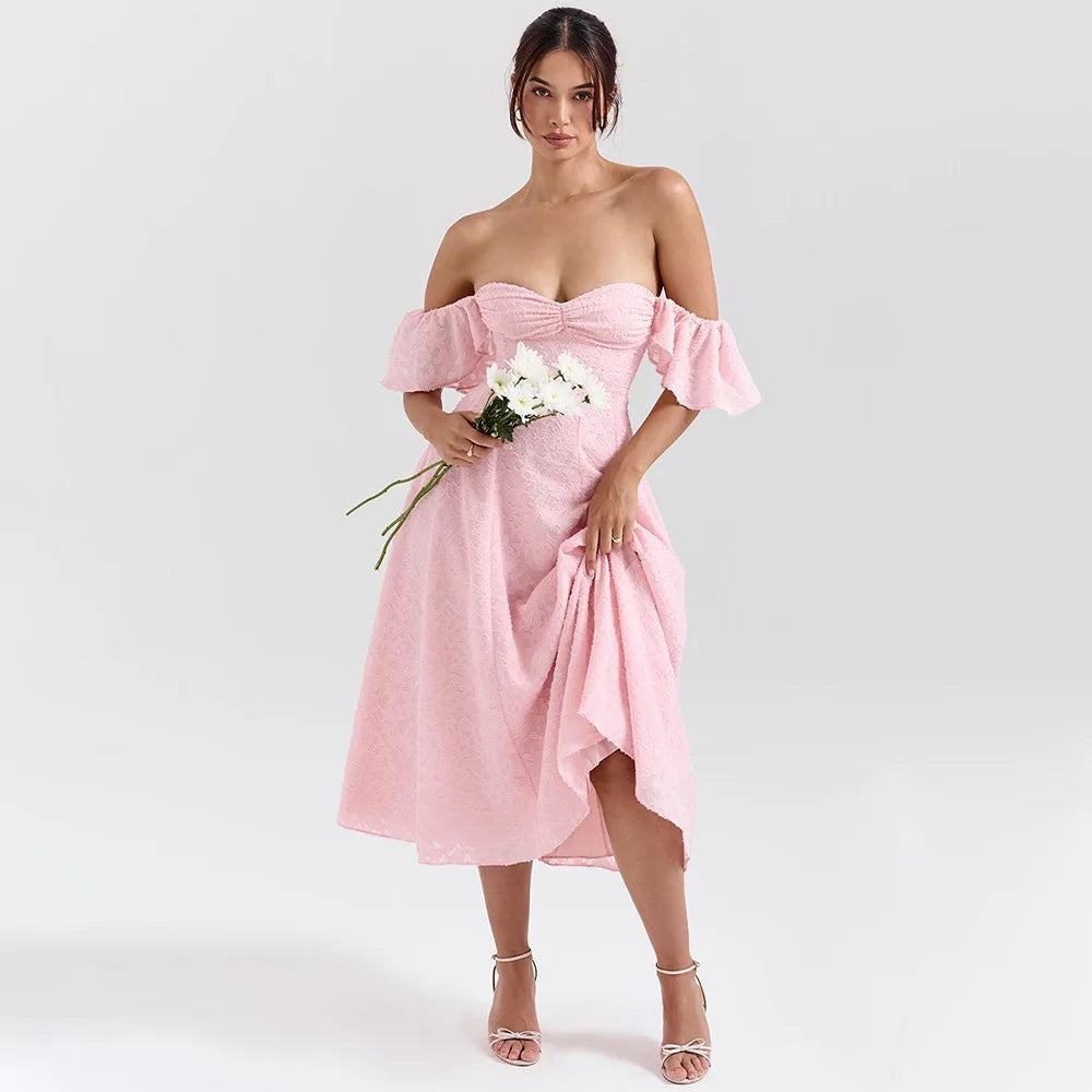 Pink Short Puff Sleeves Jacquard Print Maxi Dress