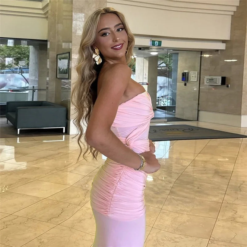 Strapless Pink Tie Up Mesh Midi Dress
