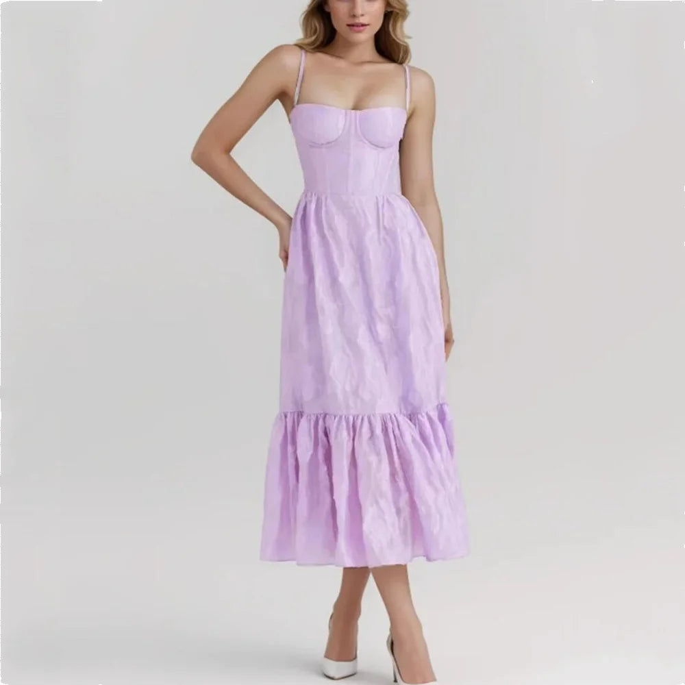 Jacquard Print Back Tie Up Strap Midi Dress