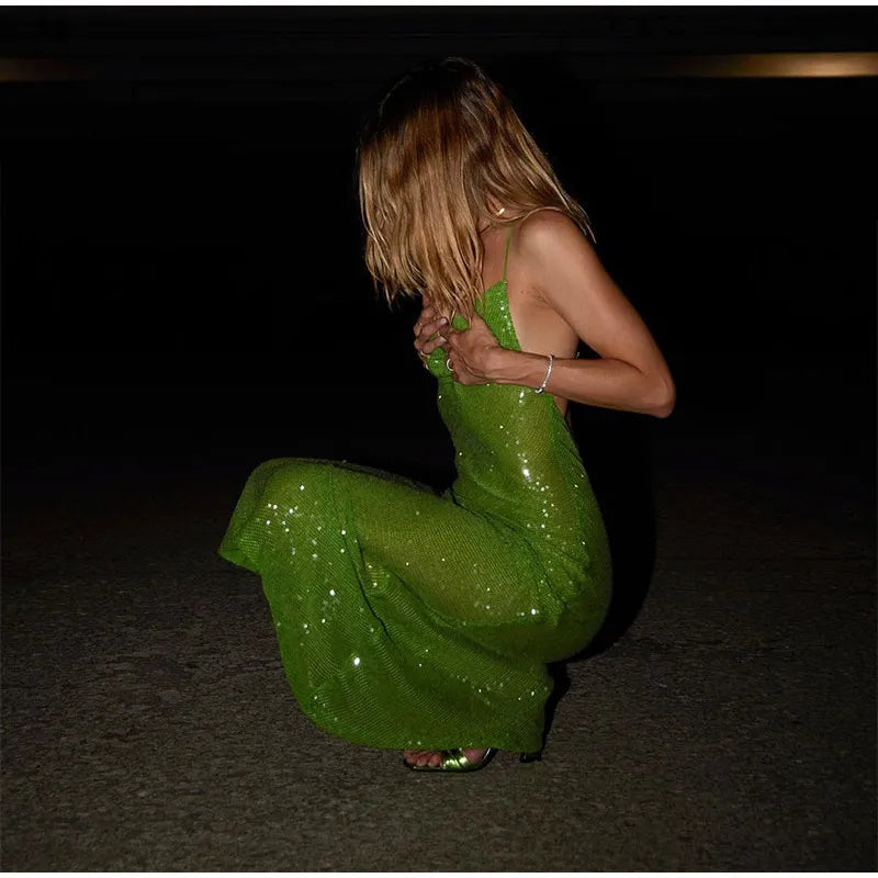 Green Sequin Backless Sling Maxi Dress