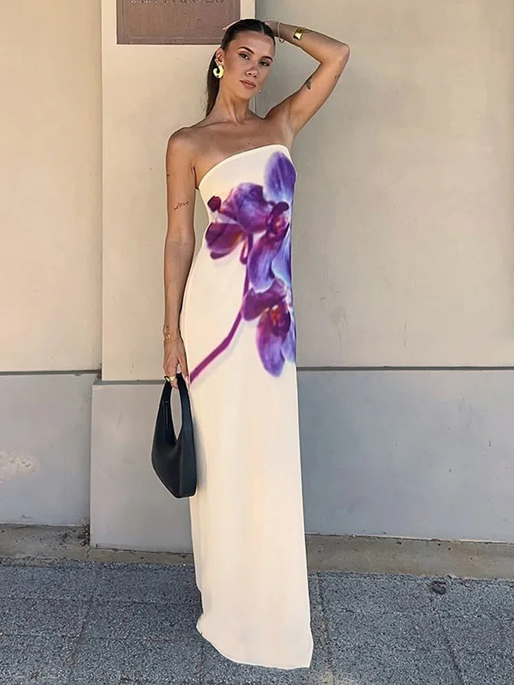 Orchid Floral Print Strapless Straight Maxi Dress