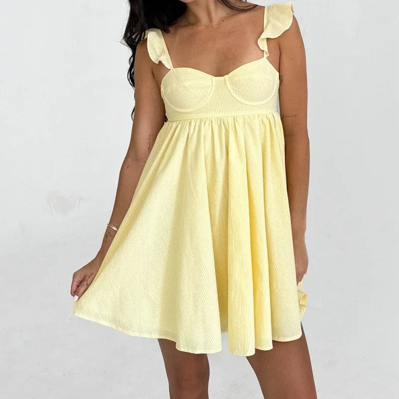 Floral/Solid Frill Strap Flowy Mini Dress