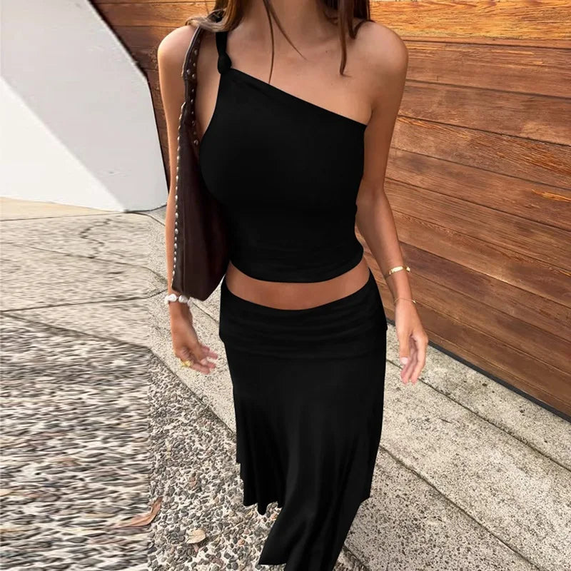 Knot One Shoulder Top And Ruched Midi Skirt Set