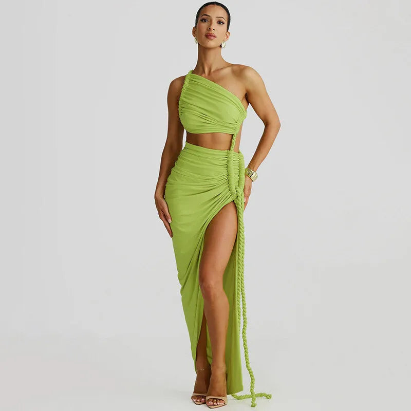 Cut Out Rope Design One Shoulder Slit Midi Dress