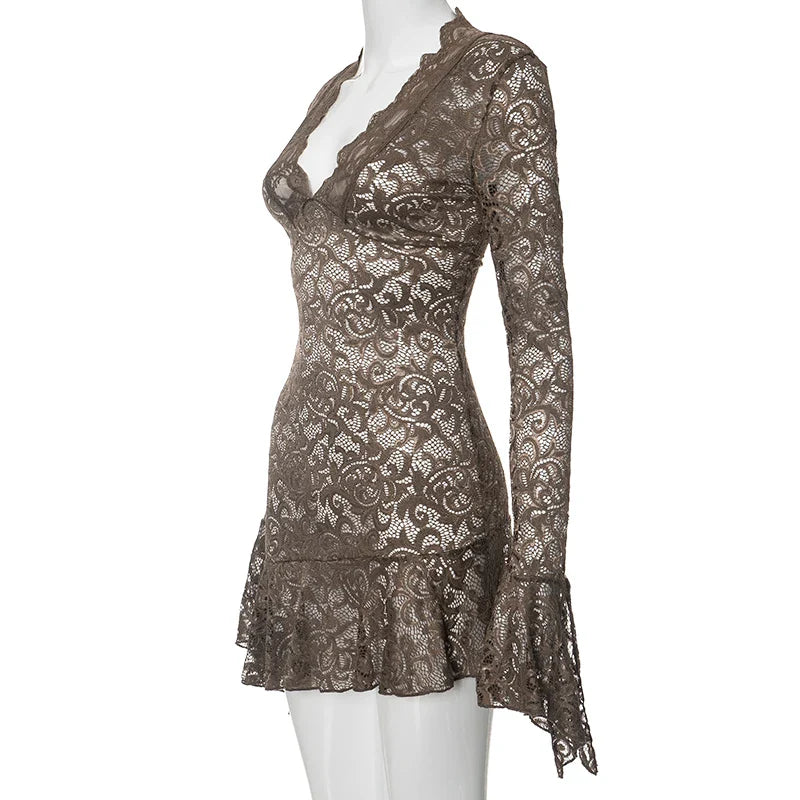 Lace Ruffles Long Sleeve Mini Dress