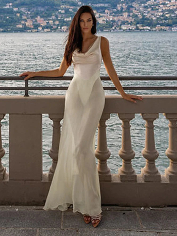 Maxi Sheer Bodysuit Cowl Neck Dress